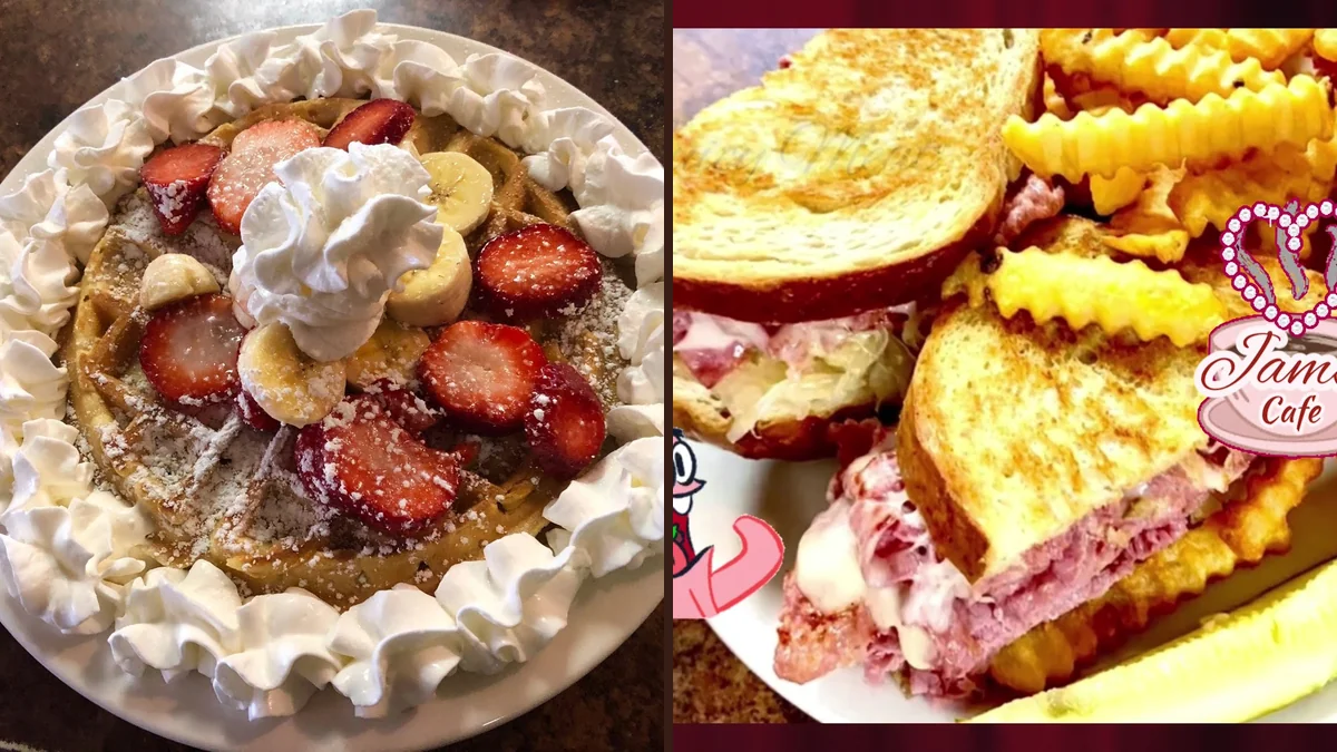 Breakfast plates on a simple restaurant table.